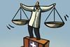 Doctor holding scales cartoon