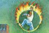 Illustration showing man jumping through burning hopp