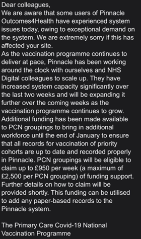 The memo received by vaccination sites on 22nd Jan about Pinnacle's problems.