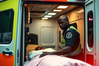 Black paramedic and ambulance, AI generated