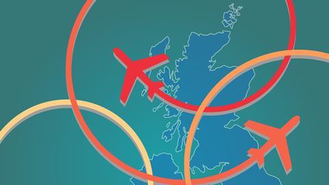 Illustration of the map of the UK overlayed with aeroplanes
