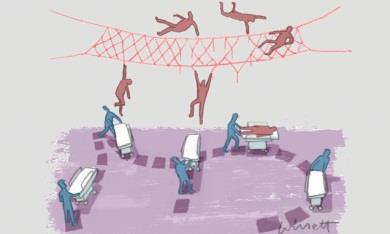 Illustration showing patients falling through nets to be caught in bed trolleys below