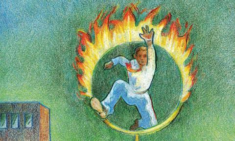 Illustration showing man jumping through burning hopp