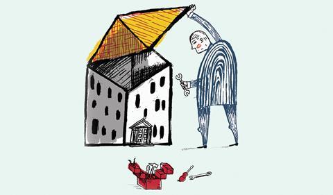 Illustration of man looking under the roof of a small house