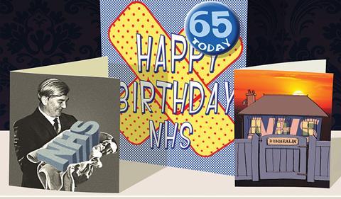 Illustration showing cards on mantlepiece saying: Happy birthday NHS