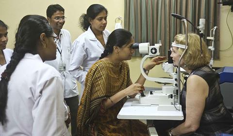 A member of the study receives an impromptu eye health check at the LV Prasad education centre, Hyderabad